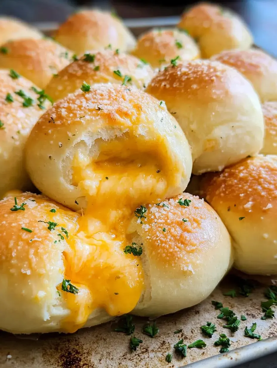 Un gros plan sur des petits pains dorés saupoudrés d'herbes, montrant du fromage fondu qui s'écoule d'un des pains.