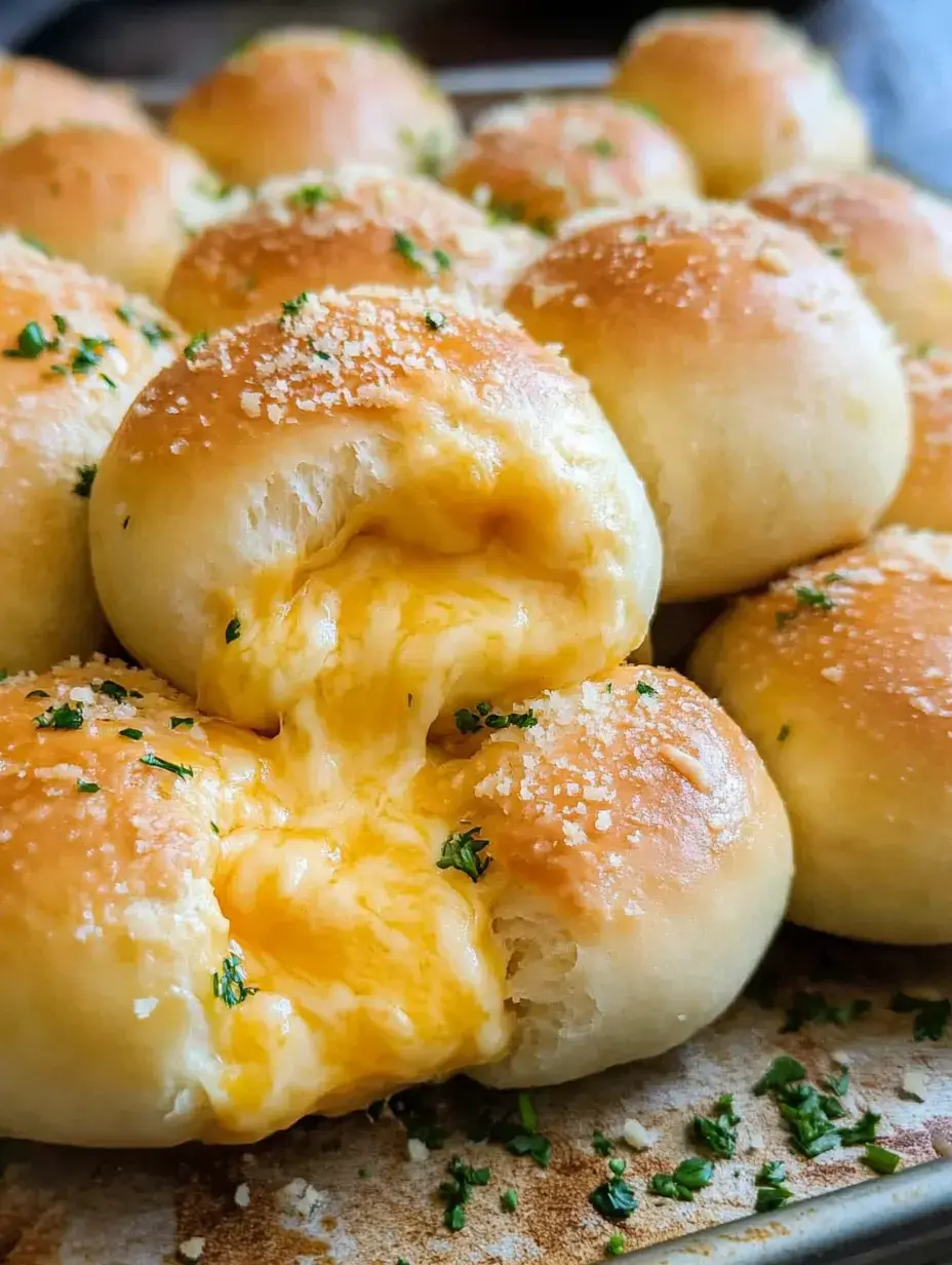 Une image en gros plan de petits pains dorés farcis au fromage, garnis de persil et saupoudrés de parmesan.