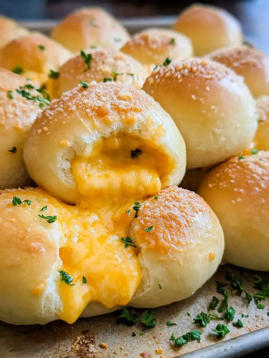 Un gros plan de petits pains au fromage fraîchement cuits, certains étant ouverts pour révéler le fromage fondu, garnis de persil sur une plaque de cuisson.