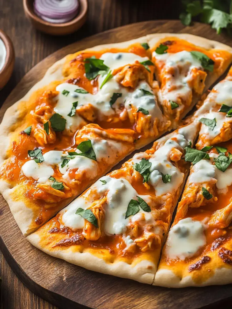 Une pizza fraîchement cuite garnie de poulet effiloché, d'une sauce piquante et d'herbes fraîches, servie sur un plateau en bois.