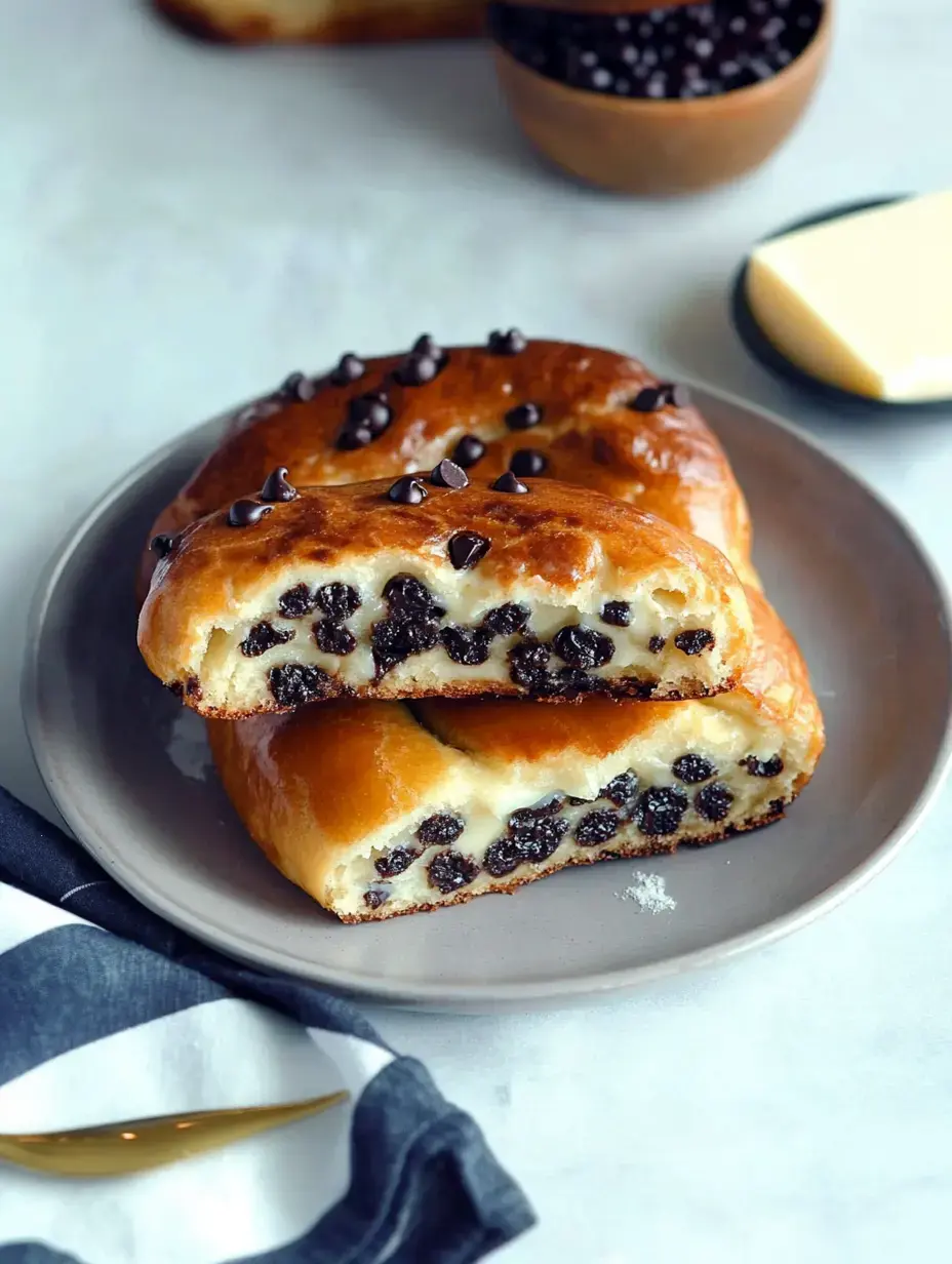 Une assiette contenant une viennoiserie coupée remplie de pépites de chocolat, montrant son intérieur moelleux et brioché.