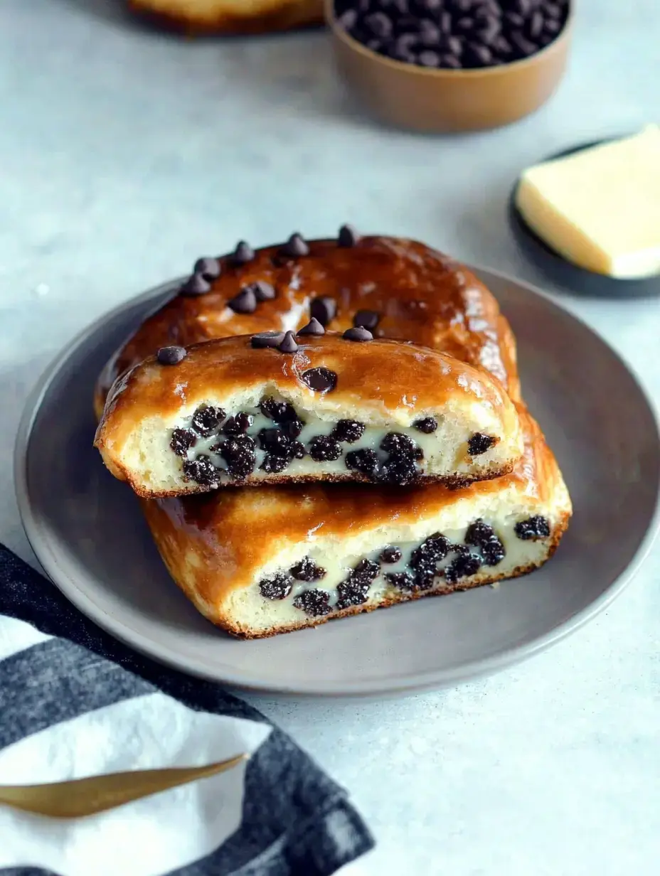 Une assiette contenant deux morceaux de viennoiserie aux pépites de chocolat, avec des pépites saupoudrées sur le dessus, accompagnée d'un bol de pépites et d'un morceau de beurre.