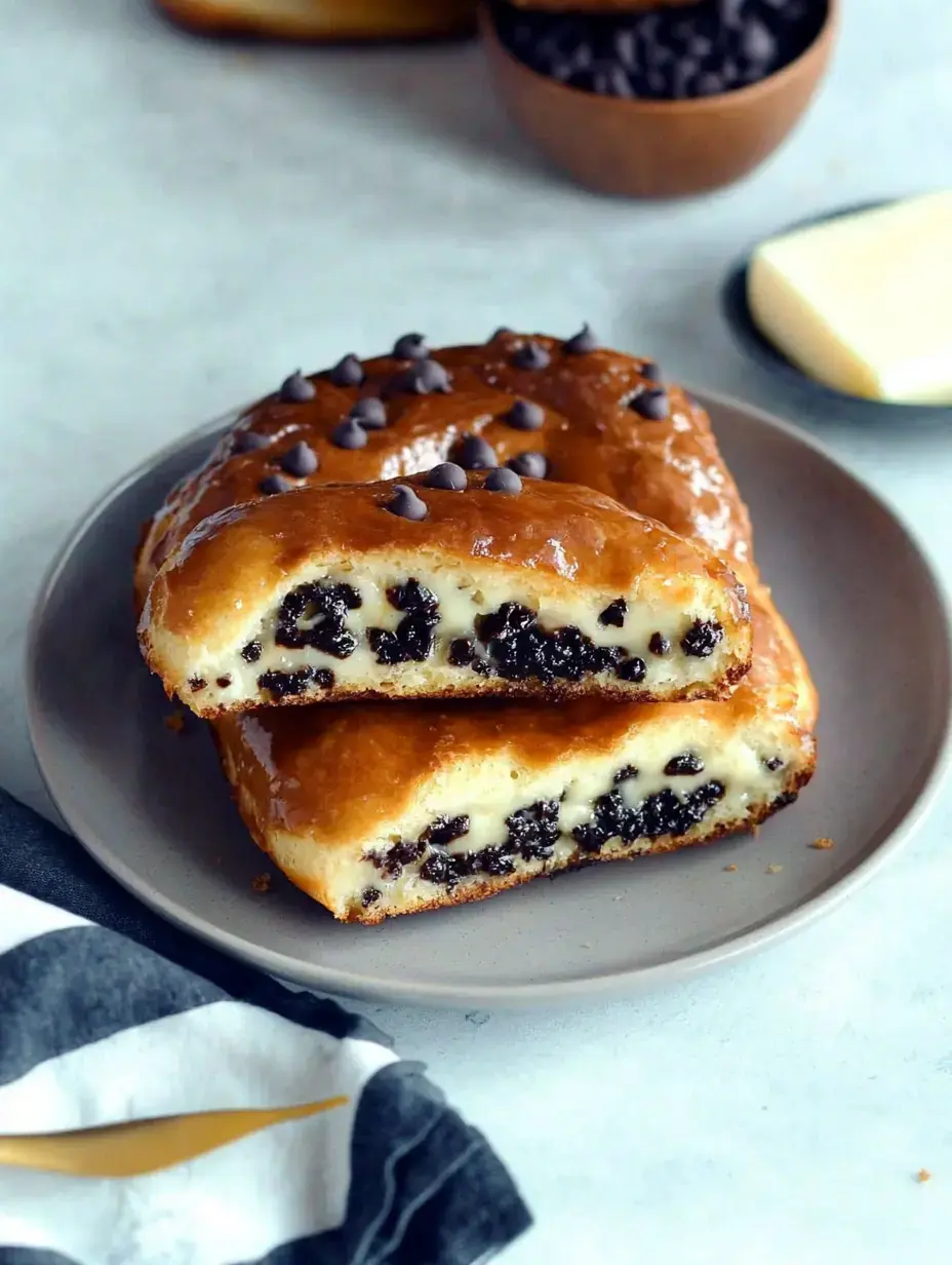 Une assiette présentant deux couches de viennoiserie garnie d'un mélange crémeux et de pépites de chocolat, décorée de pépites supplémentaires sur le dessus.
