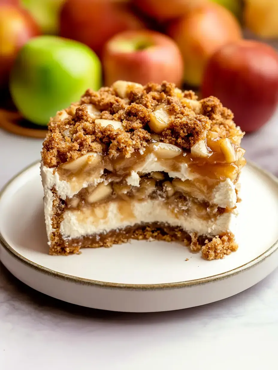 Une part de cheesecake crumble aux pommes sur une assiette, révélant des couches de garniture crémeuse, de pommes cuites et une garniture croustillante, avec des pommes fraîches en arrière-plan.