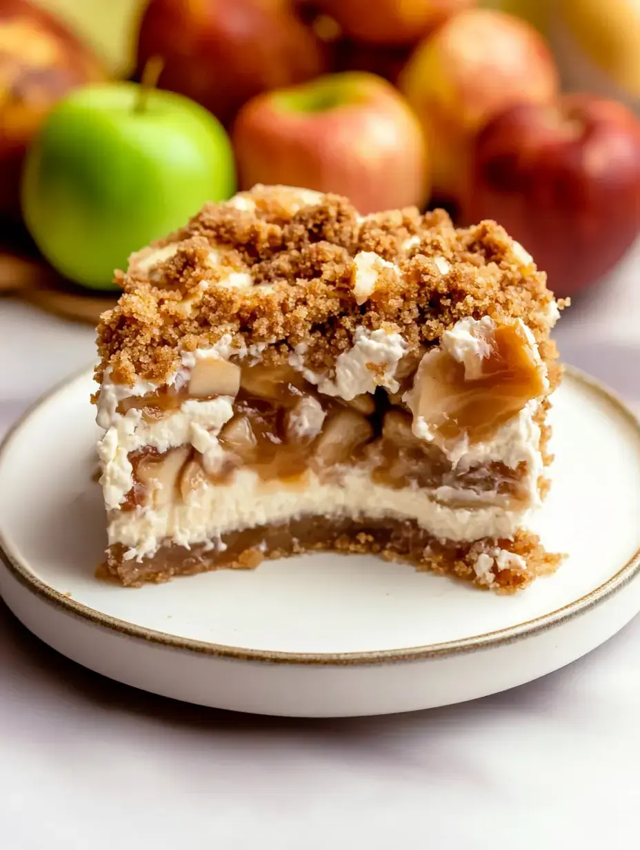 Une part de dessert présentant des couches de garniture crémeuse, de pommes et une garniture croustillante, posée sur une assiette blanche avec un arrière-plan flou de pommes assorties.