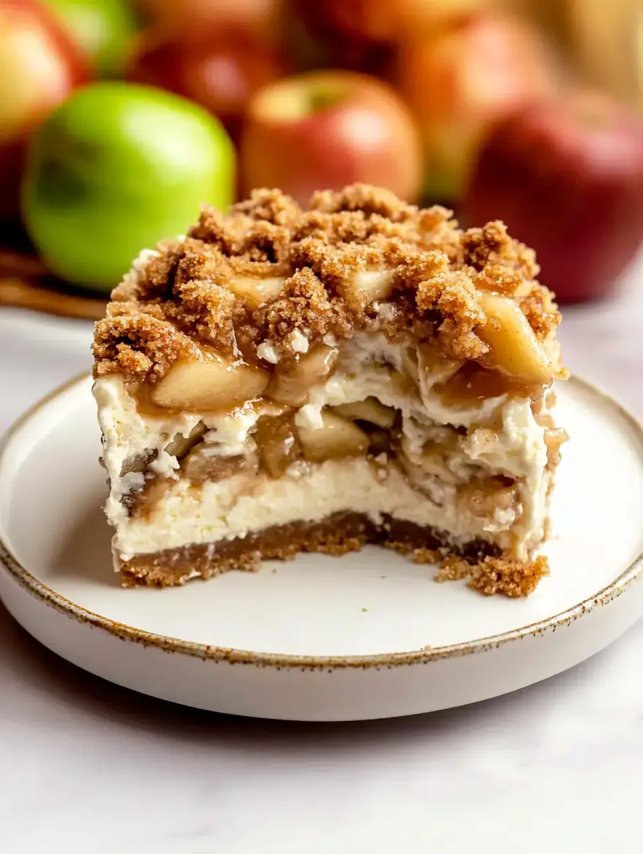 Une part de cheesecake aux pommes garnie de streusel croustillant servie sur une assiette blanche, avec des pommes fraîches en arrière-plan.