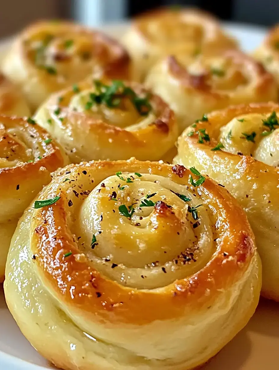 Gros plan sur des petits pains dorés en spirale tout juste sortis du four, garnis de persil et de poivre.