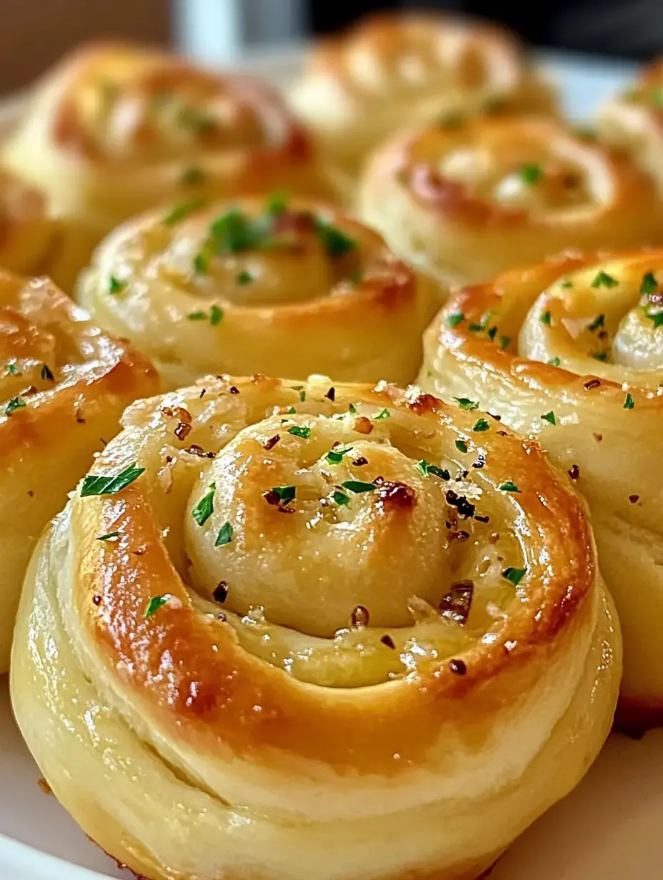 Gros plan sur des petits pains à l'ail dorés et moelleux, garnis d'herbes hachées, présentés sur une assiette blanche.