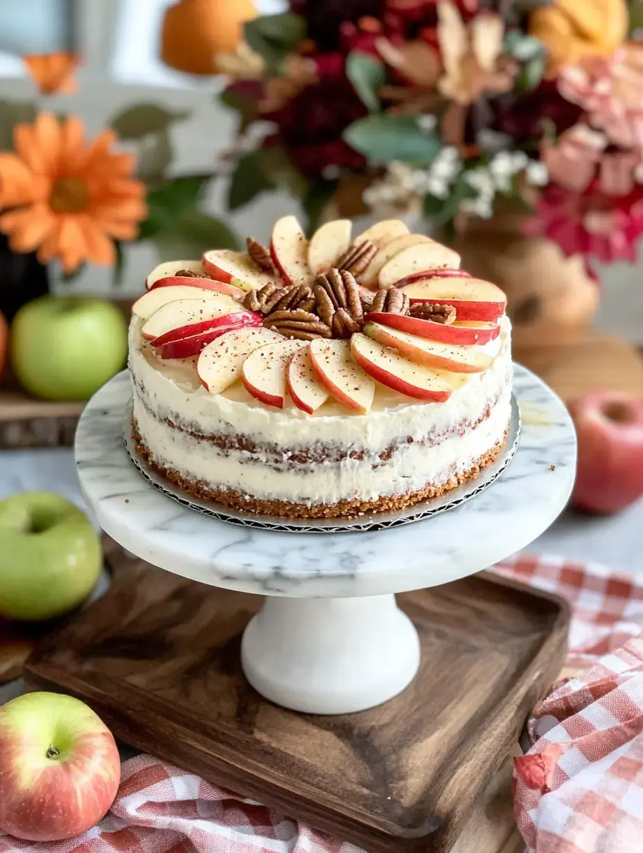 Un gâteau joliment décoré garni de tranches de pommes et de noix de pécan, exposé sur un socle en marbre, entouré de décorations automnales colorées et de pommes fraîches.