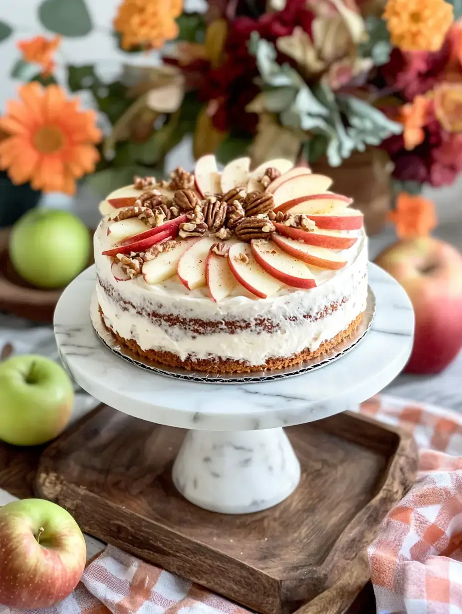 Un gâteau magnifiquement décoré garni de tranches de pommes et de noix de pécan, posé sur un présentoir en marbre entouré de fleurs colorées et de pommes fraîches.