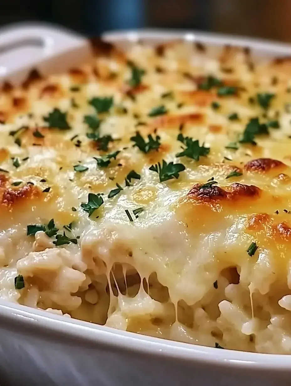 Un gratin crémeux au fromage doré en surface et parsemé d'herbes fraîches.