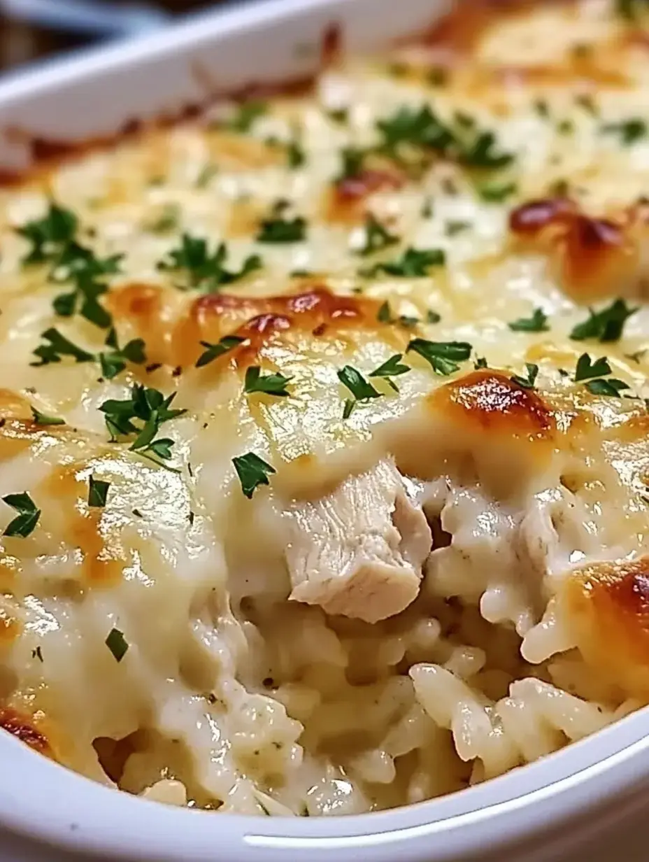 Un gratin de poulet et riz crémeux recouvert de fromage fondu et de persil frais.