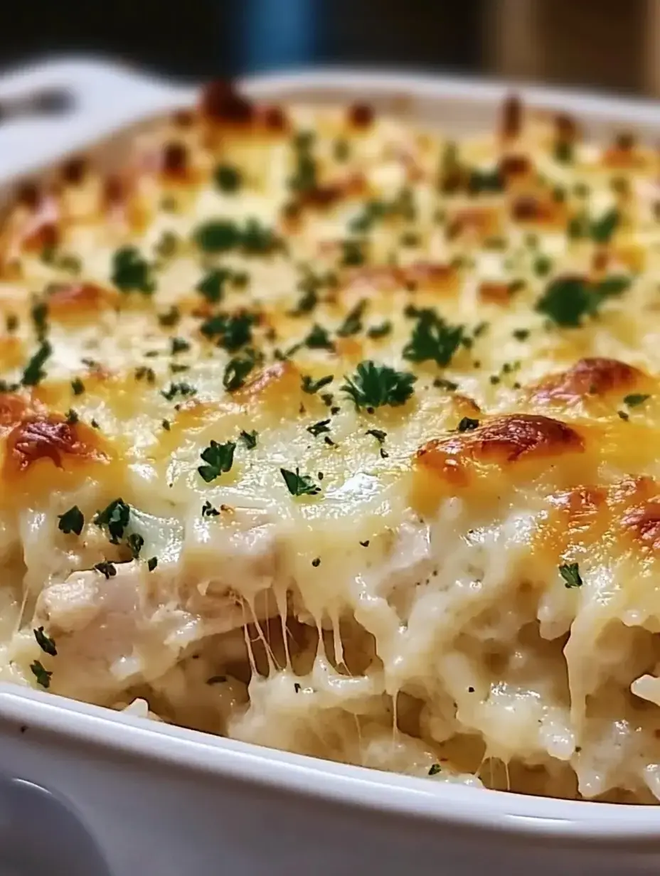 Gros plan d'un gratin crémeux et fromager avec une croûte dorée et décoré de persil haché.
