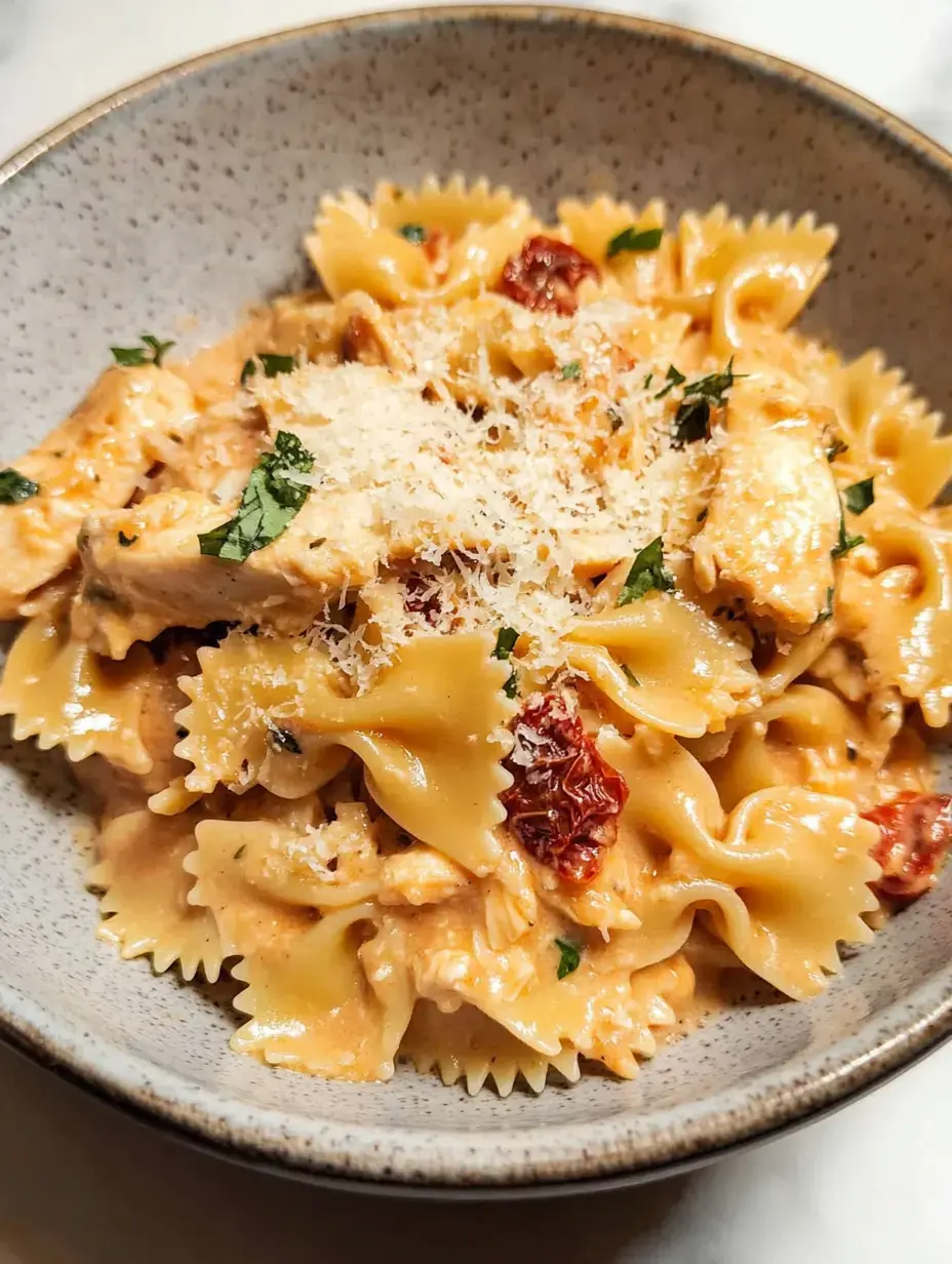 Un bol de pâtes farfalle au poulet crémeuses garnies de fromage râpé et de tomates séchées.