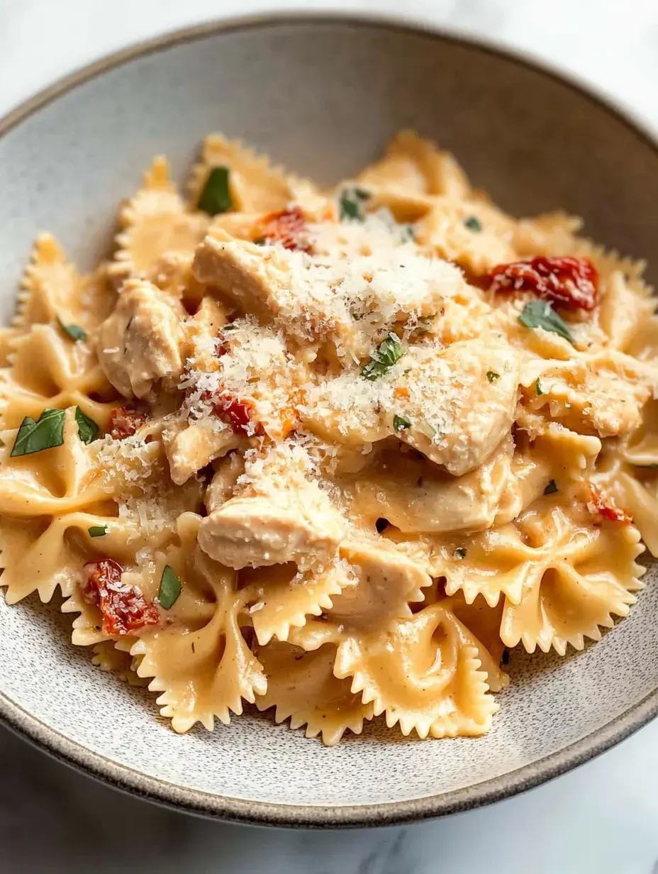 Un bol de pâtes farfalle garnies de sauce crémeuse, de morceaux de poulet, de tomates séchées et de fromage râpé.