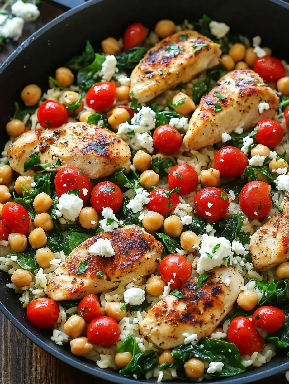 Une poêle remplie de blanc de poulet cuit, pois chiches, tomates cerises, épinards et feta émiettée sur un lit de riz.