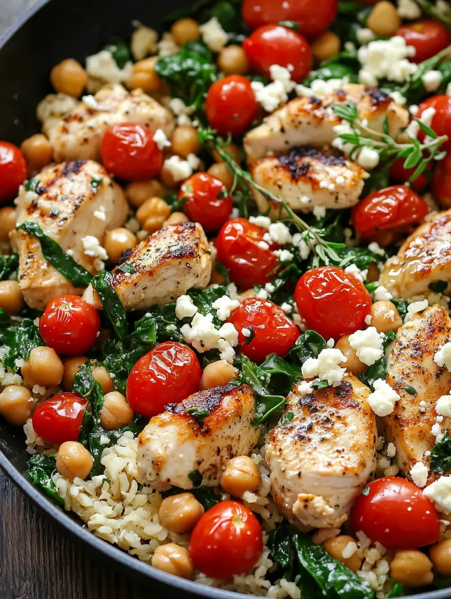 Un plat à la poêle avec du poulet grillé, des tomates cerises, des pois chiches, des épinards et de la feta émiettée servi sur du riz.