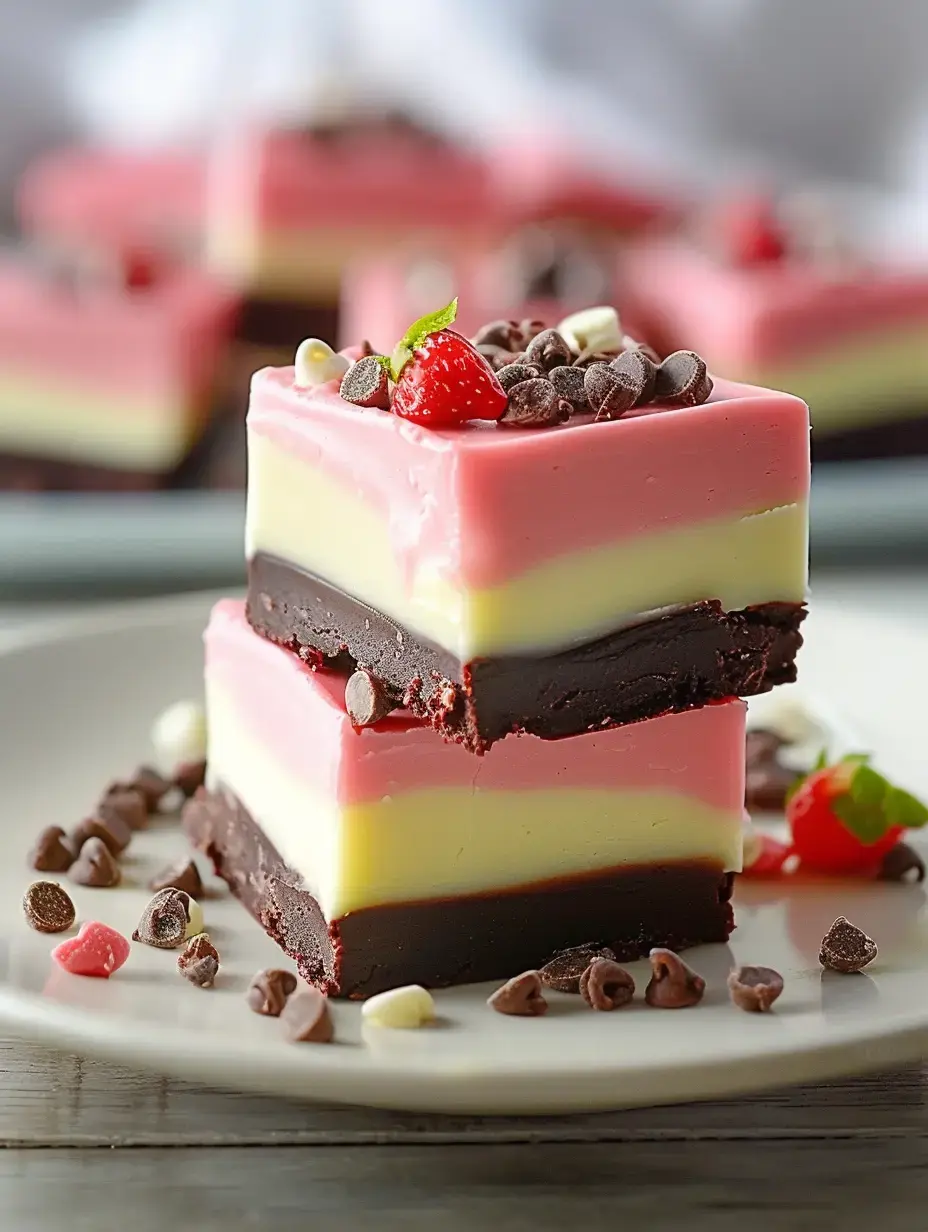 Gros plan sur deux carrés de dessert multicouche, avec des étages rose, jaune et chocolat, garnis de pépites de chocolat et d'une petite fraise, sur une assiette entourée de pépites de chocolat.