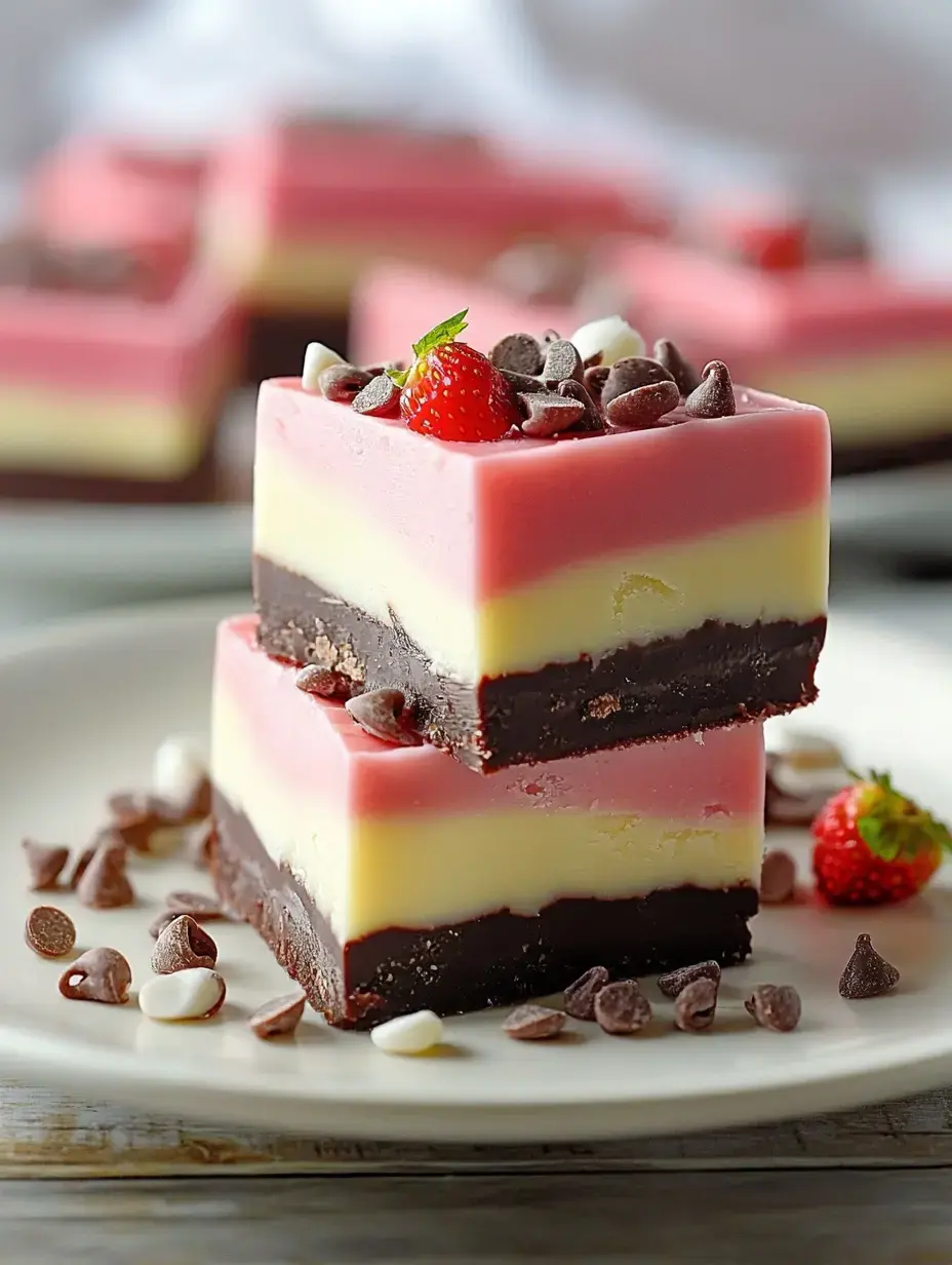 Gros plan sur des carrés de dessert superposés avec des couches chocolat, blanche, rose et jaune, garnis de pépites de chocolat et d'une fraise.