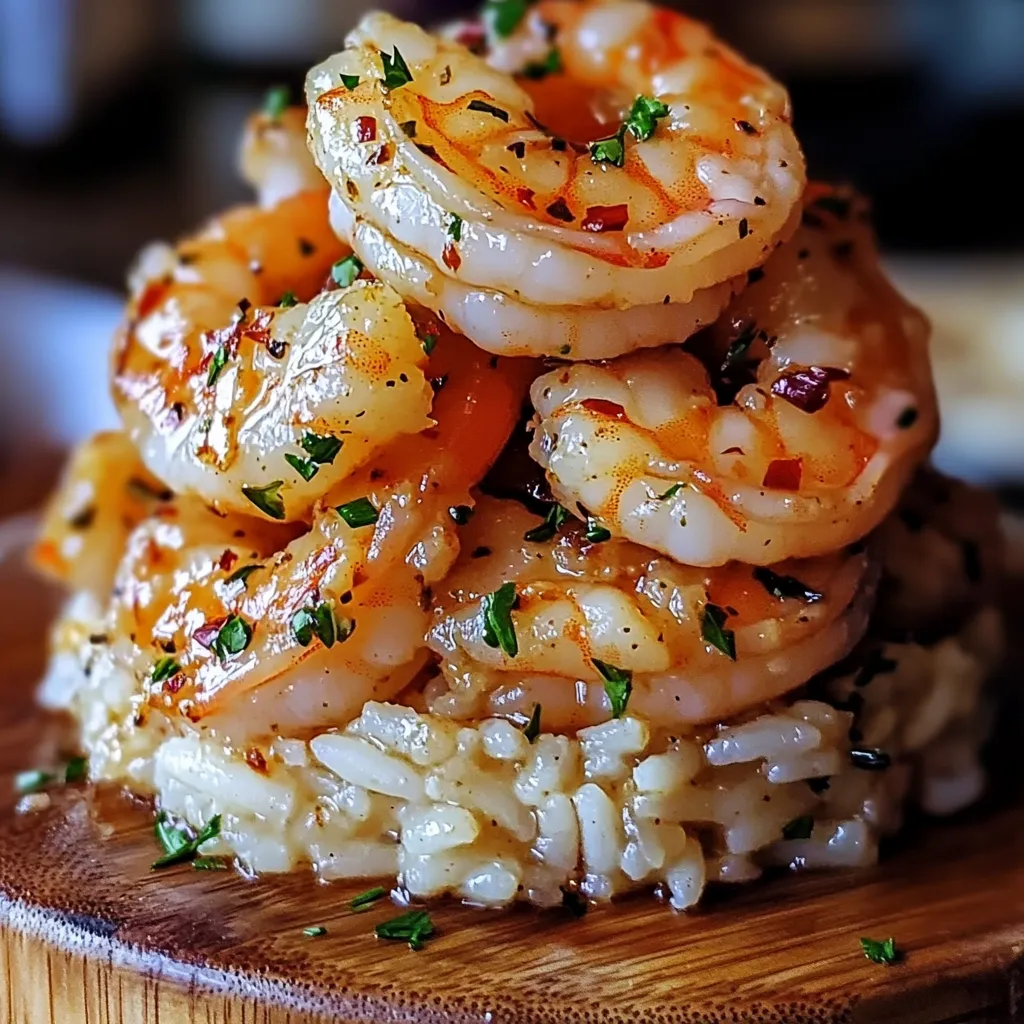 Empilement de crevettes au beurre ail sur riz