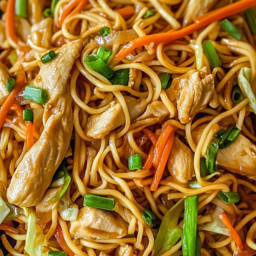 Gros plan sur chow mein au poulet et sauce savoureuse