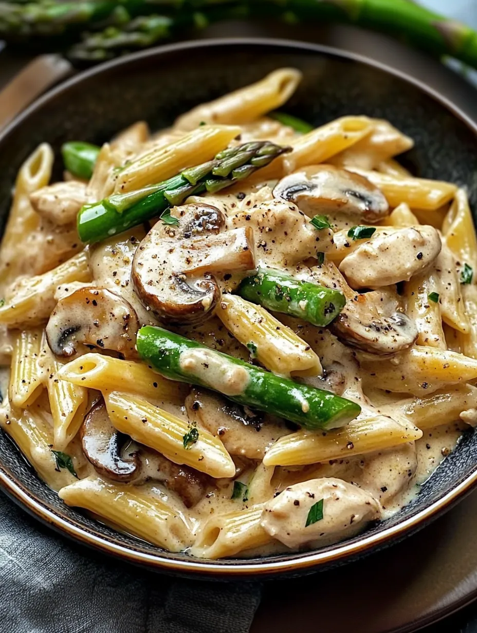 Délice de pennes au poulet, champignons et asperges à la crème