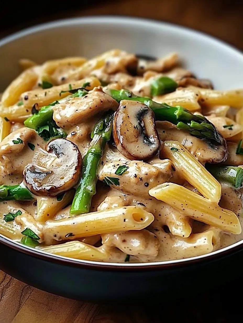 Pennes au poulet, champignons et asperges nappées de crème