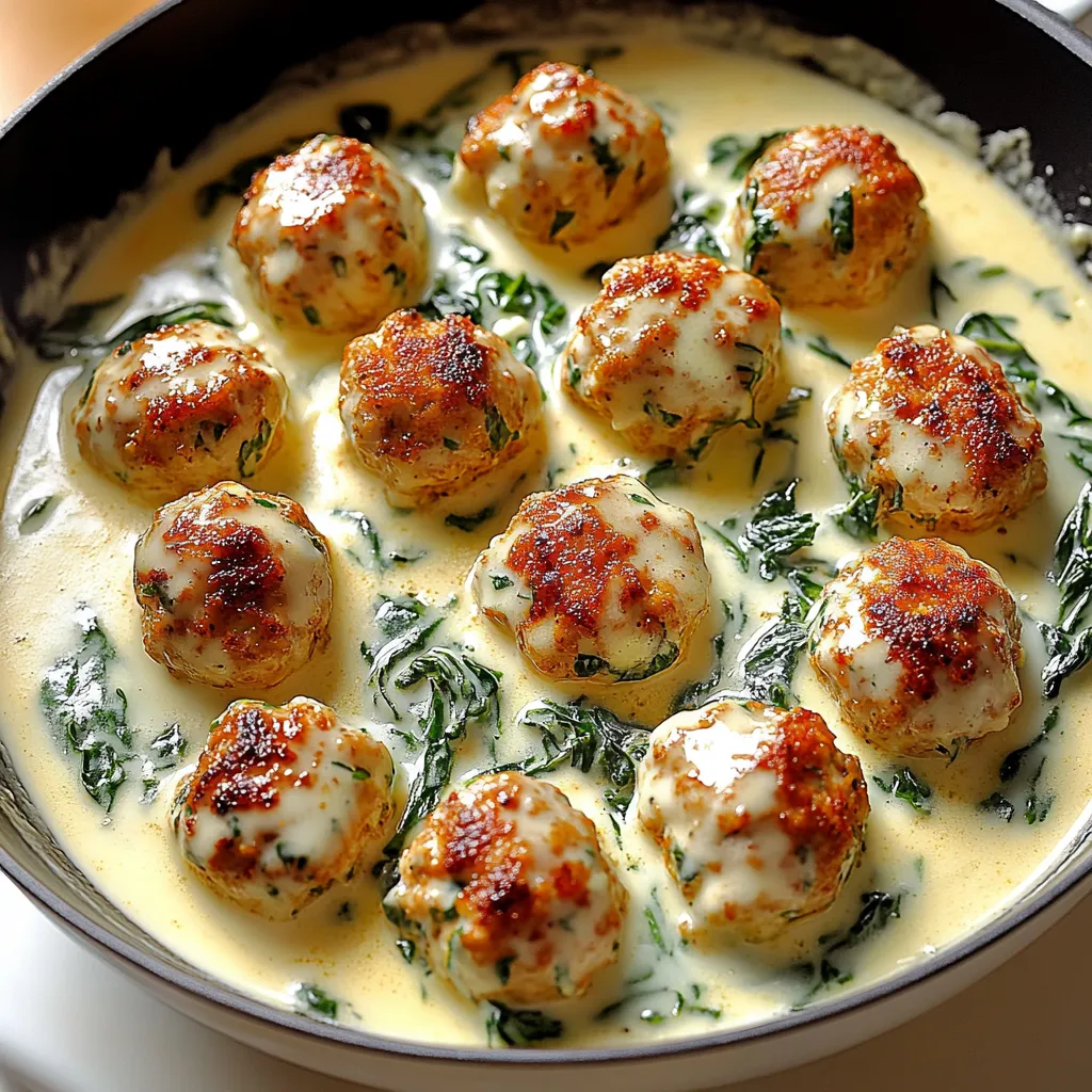 Boulettes au Poulet Ricotta Sauce Alfredo Épinards