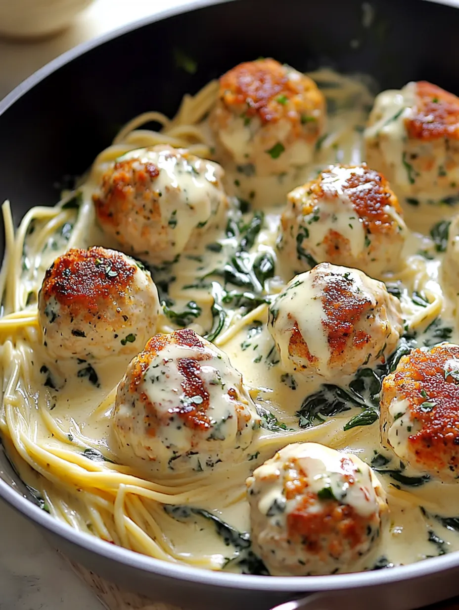 Délicieuses Boulettes de Poulet à la Ricotta avec Sauce Alfredo aux Épinards