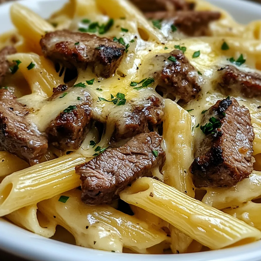 Gros plan sur les Bouts de Steak au Beurre d'Ail avec Rigatoni Fromagers