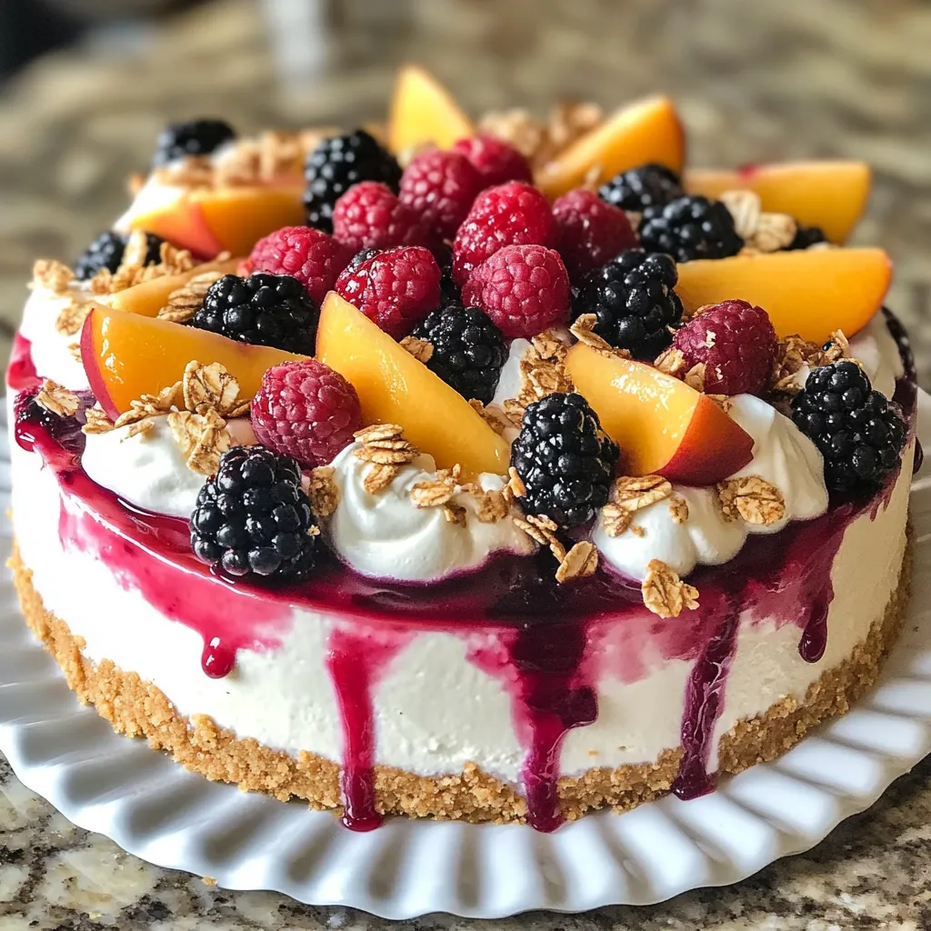 Gros plan Cheesecake aux Fruits d'Été et Pêches