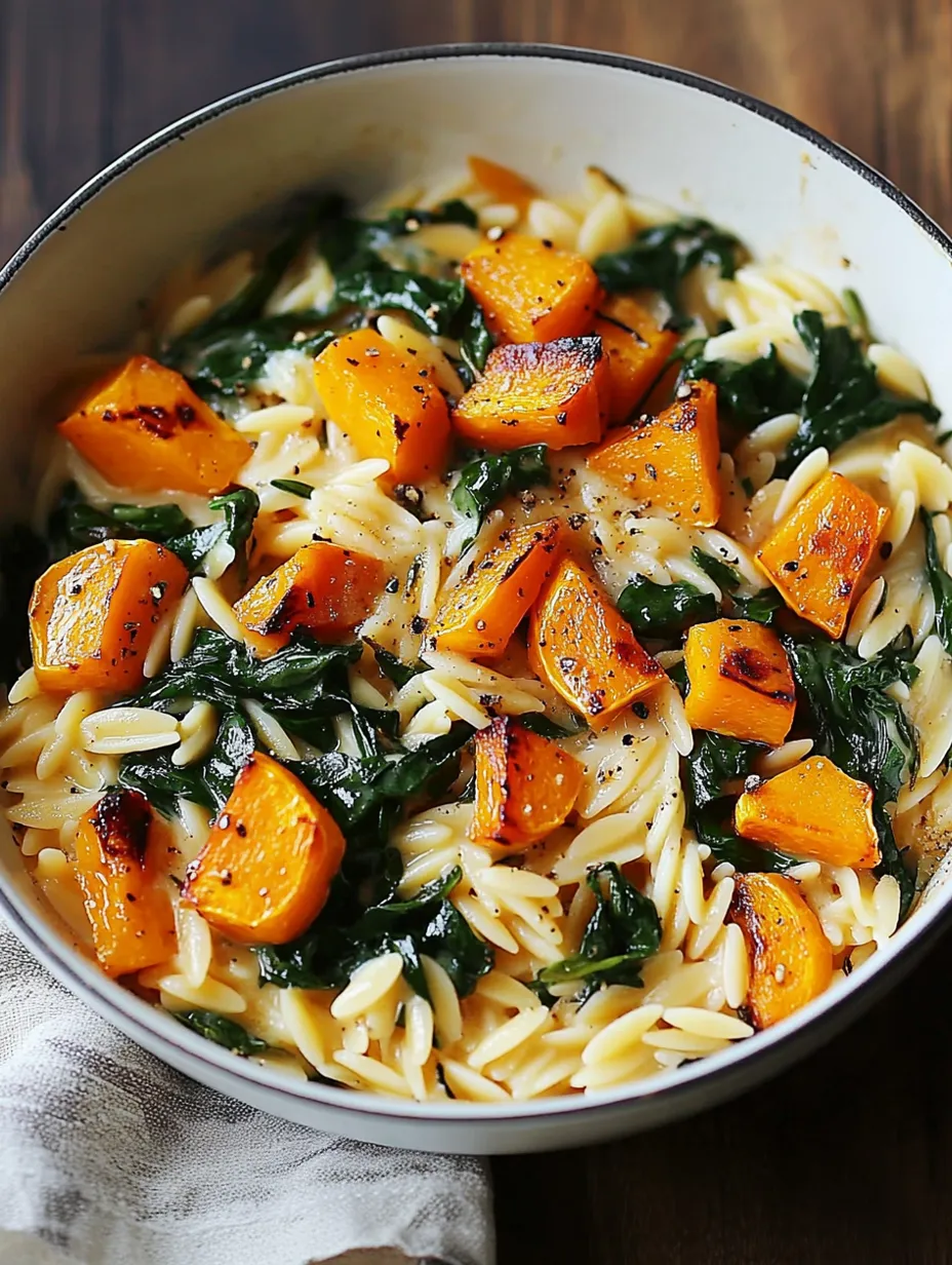 Orzo fondant à la courge rôtie et aux épinards